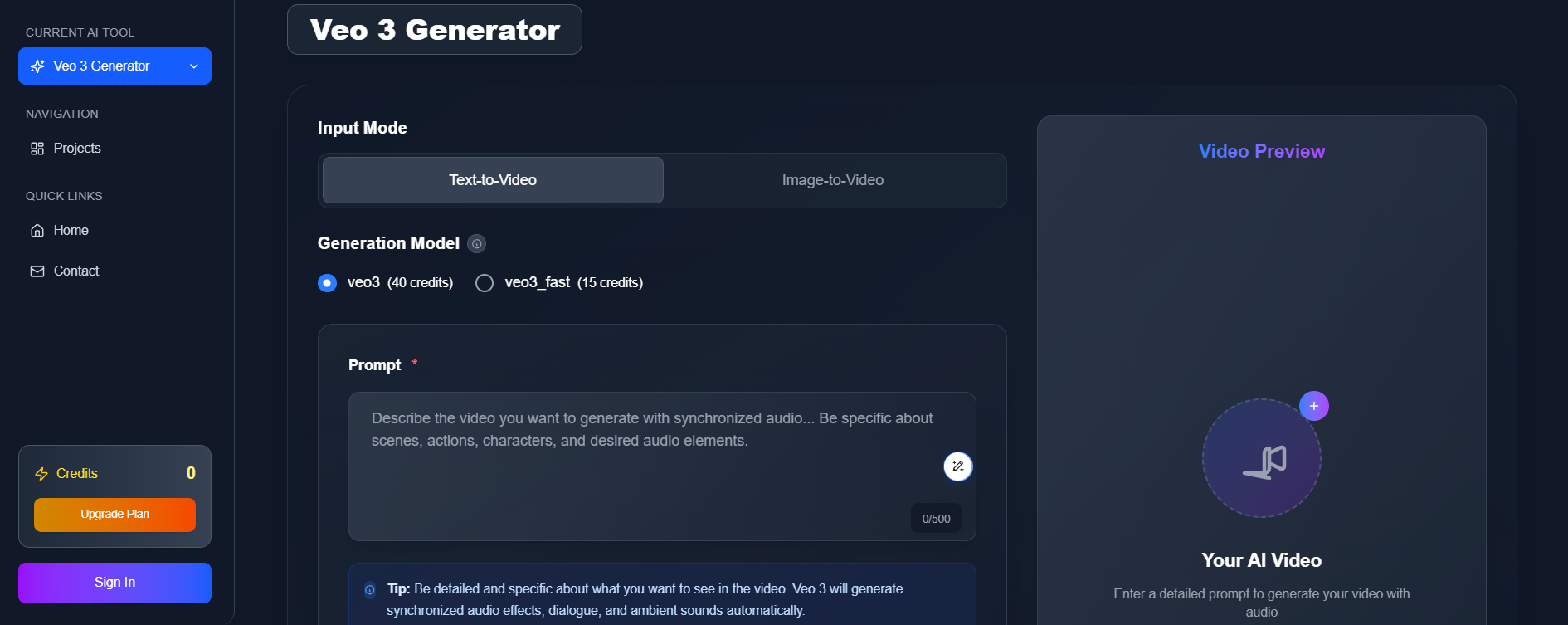 Vogue Veo 3 Generator dashboard and creation tools